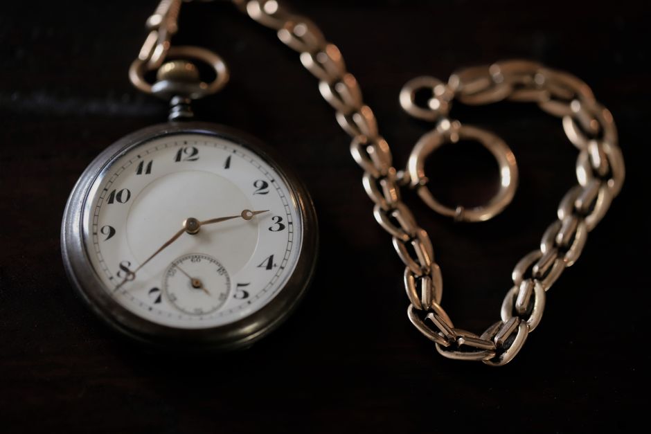 Detailed image of a classic silver pocket watch with chain, showcasing antique charm and elegance.