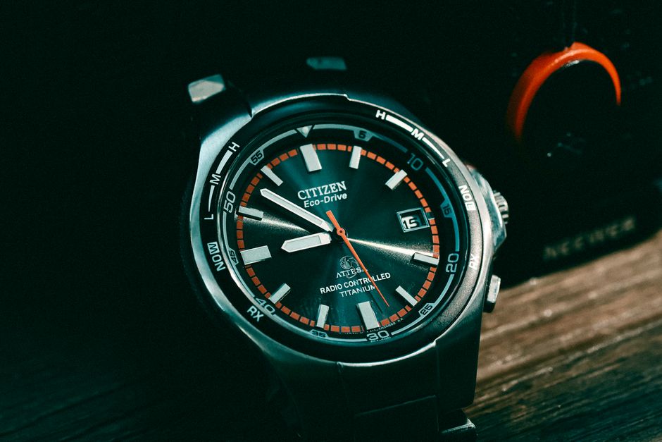 Detailed shot of a Citizen Eco-Drive watch face with visible date and markers.
