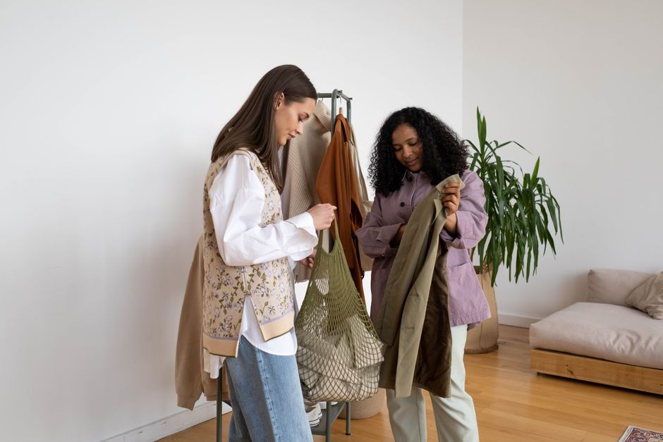 Two women shopping together indoors, examining clothing items in a stylish modern space.